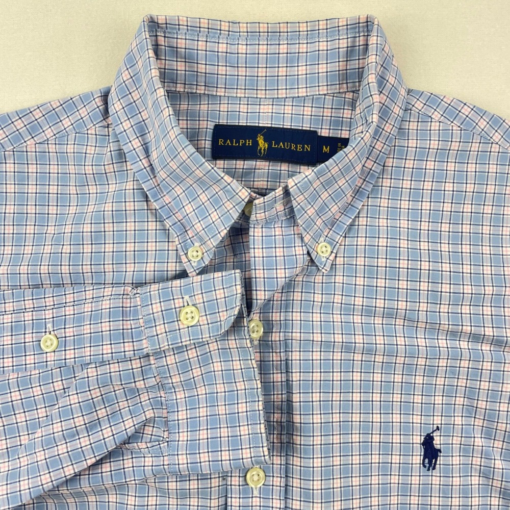 Ralph Lauren Men Plaid Button Down Shirt Blue Pink White Size M Long Sleeve Pony